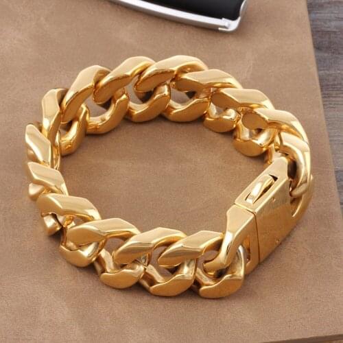 Men Jewelry Gold Stainless Steel Bracelet Bangle Heavy Metal Cuban Curb Link Chain Bracelet