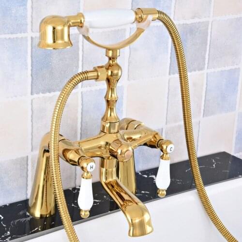 Deck Mounted Modern Polished Gold Brass Bathroom Tub Faucet Set with 150CM Handheld Shower Spray Head Bath Mixer Tap 2tf783