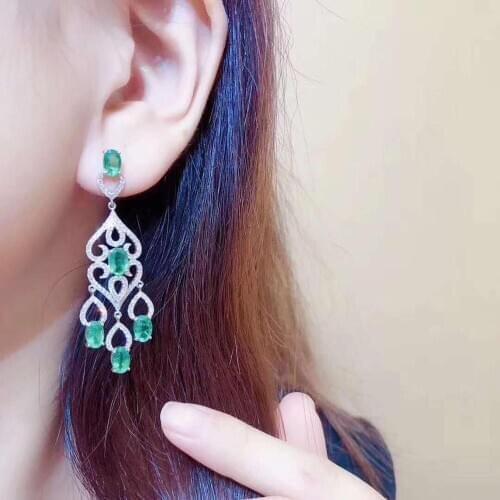 Real Natural Emerald Earrings Real 925 Silver Fashion Earrings Fine Charm Jewelry for Women Earring