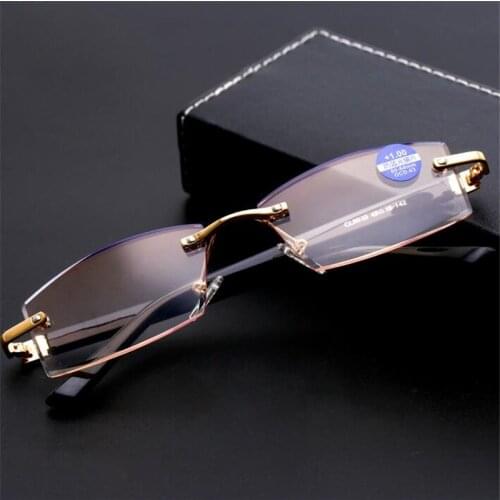 Diamond Cutting Rimless Reading Glasses Women Men Blue Light Blocking Square Farsighted Glasses Power +1.0 +1.5 +2.0 To +4.0