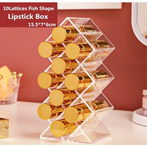 10 Lattices Fish Shape Lipstick Organizer Stand or Lie Table Acrylic Makeup Storage Rack Small Stackable Cosmetics Lipstick Case