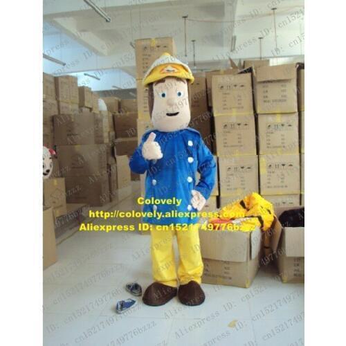 Fireman Sam Fire Man Truckman Mascot Costume Mascotte With Blue Coat Yellow Pants Adult Party Suit Fancy Dress No.121 Free Ship