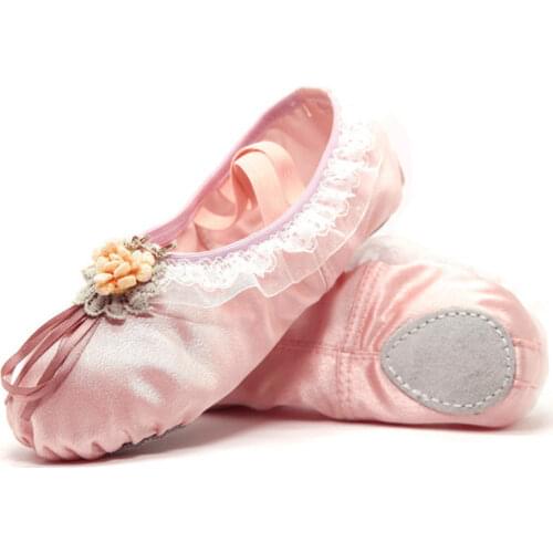 Professional Satin Ballet Dance Shoes Flower Girls Children Soft Sole Flats for Dancing