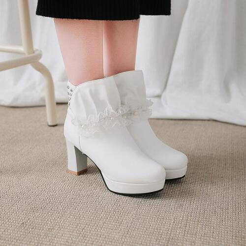 PXELENA Korean Cute Ruffles Pricess Ankle Boots Women Round Toe Beads Crystal Square High Heels Short Boots Lady Shoes White