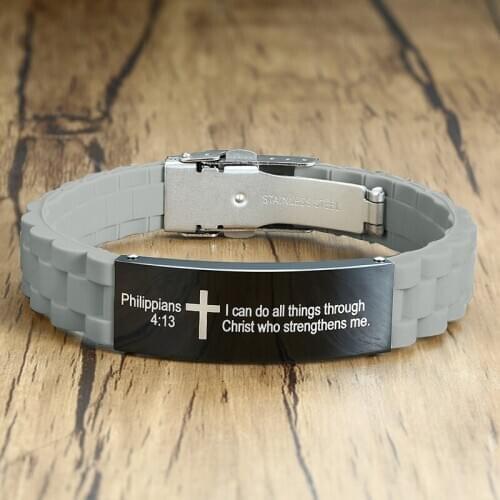 Religious Quote Faith Love Christian Bible Verse Cross Inspirational ID Silicone Bracelets for Men Custom Gifts for Him