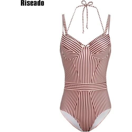 Riseado Striped Swimsuit One Piece Push Up Womens Swimwear 2021 Sexy Bodysuit Halter Bathing Suits Backless Summer Swimsuits