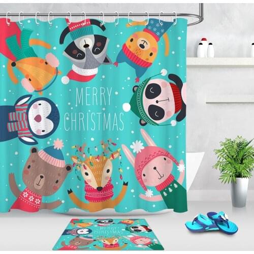 Cartoon animal Christmas decoration blue pattern Shower Curtain Partition Mildewproof and Waterproof Bathroom Shower Curtain Mat