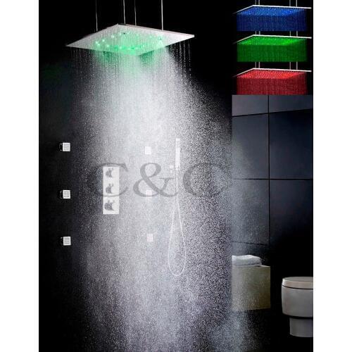 Thermostat Bathroom Shower Mixer Faucet Set 20 Inch Two Functions Atomizing And Rainfall LED Shower Head And Body Massage Spray