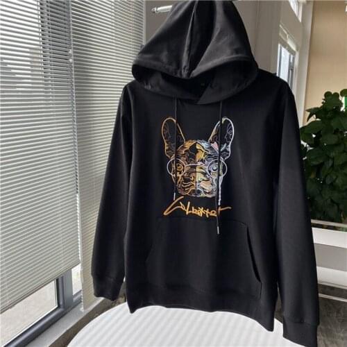 High quality autumn and winter new roman cloth embroidery mens and womens hooded pullover sweater couple black sweatshirt