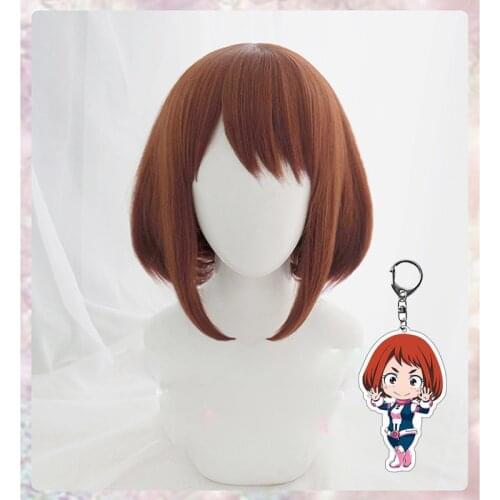 Anime My Hero Academia Ochako Uraraka Short Brown Bob Heat Resistant Cosplay Costume Wig + Wig Cap+Keychain