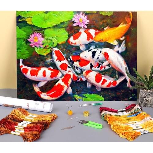 Animal Carp Printed Water-Soluble Canvas 11CT Cross-Stitch Embroidery Full Kit DMC Threads Needlework Handmade Needle