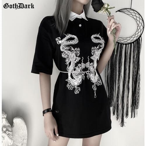 Goth Dark Dragon Print Vintage Gothic Female T-shrits Spring 2020 Egirl Grunge Punk Emo Y2K Aesthetic Harajuku Tshirt Women Chic