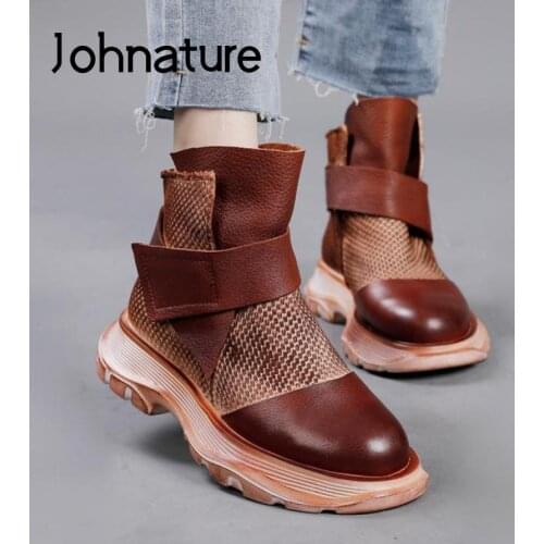 Johnature Genuine Leather Handmade Shoes Women Boots Hook & Loop Round Toe 2021 New Autumn Winter Leisure Platform Boots