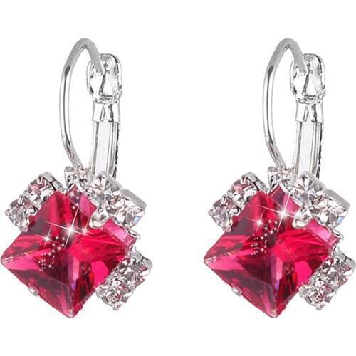 Red Blue Purple Stud Earrings Large Square Shape Wedding Silver Color Cubic Zircon Crystal Earring Women Jewelry