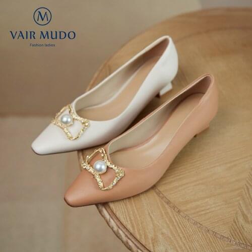 VAIR MUDO Women Pumps Shoes Fashion Mary Janes Genuine Leather High Heels Pointed Toe Casual Metal Decoration Slip-On D191L