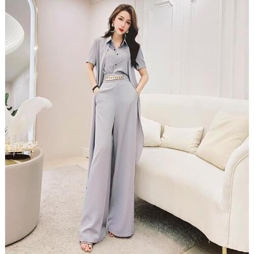 Women 2021 Summer Short Sleeves Patchwork Blouse Shirt High Waist Wide Leg Pants Set Female Elegant Loose Two Pieces Set K18