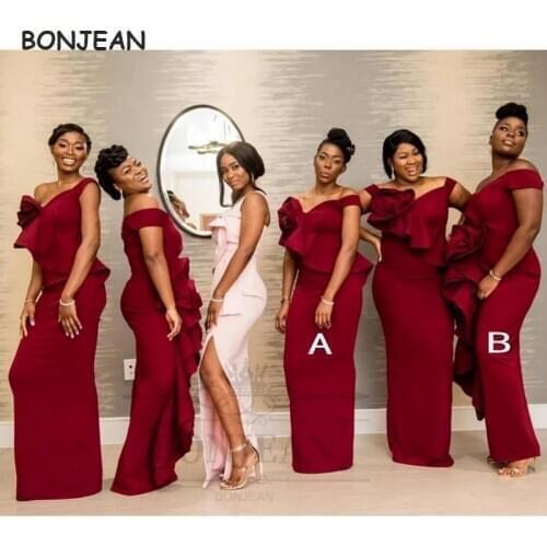 2021 Red Wine Bridesmaid Dresses Mermaid Elastic Satin South African Lace Up Back Black Girls Bridesmaid Dress