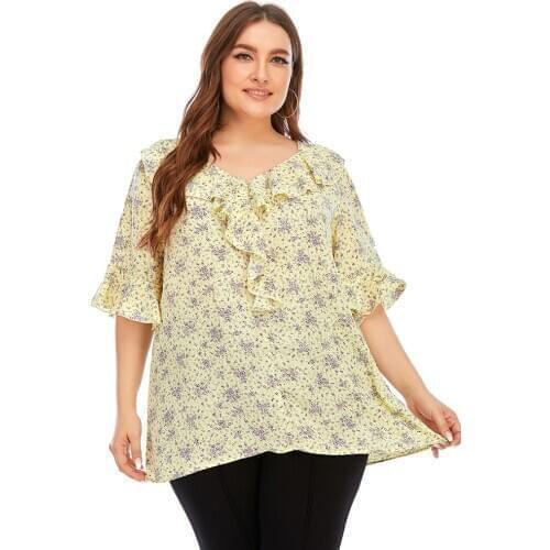 5XL Plus Size Long Blouse Shirt Women Summer Ruffles V Neck Half Sleeve Floral Print Boho Chiffon Blouse Loose Ladies Tunic Tops