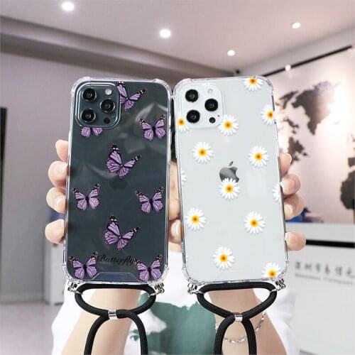 Flower Case For iPhone 11 12 Xs Pro Max X 7 8 6 Plus 12 Mini SE 2020 5 Butterfly Necklace Lanyard Rope Clear Hard PC Bumper Capa
