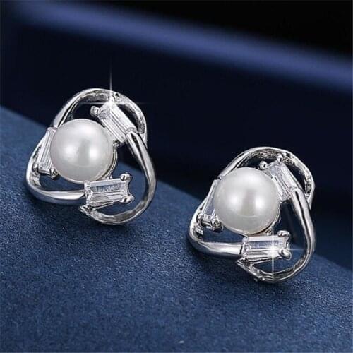 Shiny Pearl Crystal Geometry Stud Earrings Elegant Fashion Wedding Earrings for Women Exquisite Jewelry