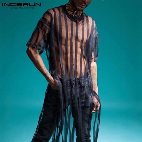 INCERUN Men Mesh T Shirt Transparent Striped Streetwear 2021 O Neck Short Sleeve Sexy Long Tops Fashion Loose T-shirts Hombre