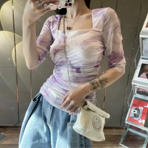 Hit Color Slim Women Summer New Elastic T-Shirt Female Sexy Fashion Folds High Version Tee Ladies Brand Vintage Elegant Top M207