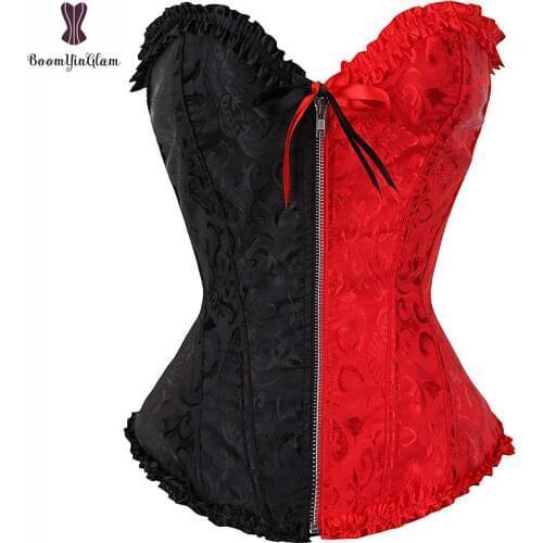 Floral Overbust Corset Laciness Zipper Bustier Elastic Boned Plus Size Gothic Korset Night Clubwear Corselet Side Red Side Black