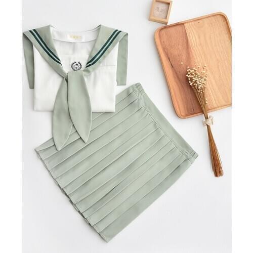 Sailor Suit Jk Uniform Matcha Green Jpanese Kawaii Exquisite Embroidery Preppy Suit Short Long Sleeve Top + Pleated Skirt