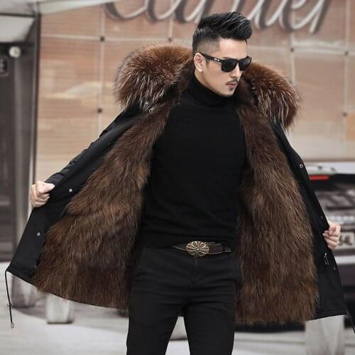 Real Fur Parka Men Winter Jacket Real Raccoon Fur Hooded Coat Nature Raccoon Fur Lining Jackets Man Real Fur Coat