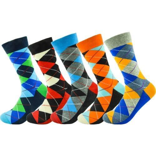 Rockbottom 5 Pairs/lot Size 41-47 Mens Socks British Style Plaid Calcetines Gradient Color Brand Elite Long Cotton Happy Socks