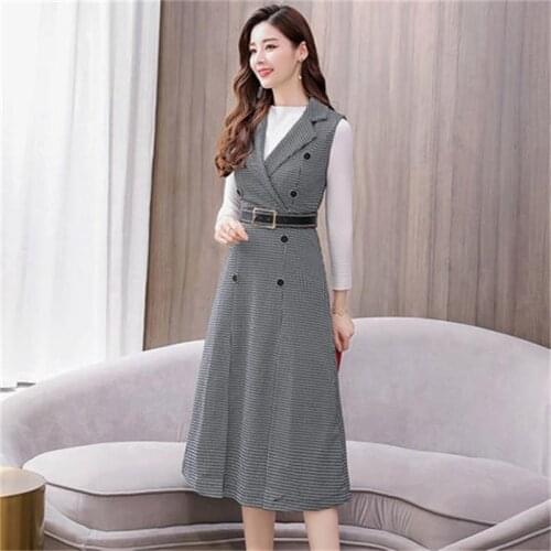 2019 autumn new womens autumn plaid dress early autumn Korean fashion waist chic early autumn dress tide