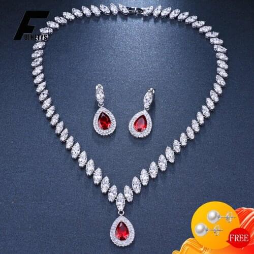 BaliJelry Luxury Charm Jewelry Set 925 Silver Earring Necklace Water Drop Zircon Gemstone for Women Wedding Engagement Accessory