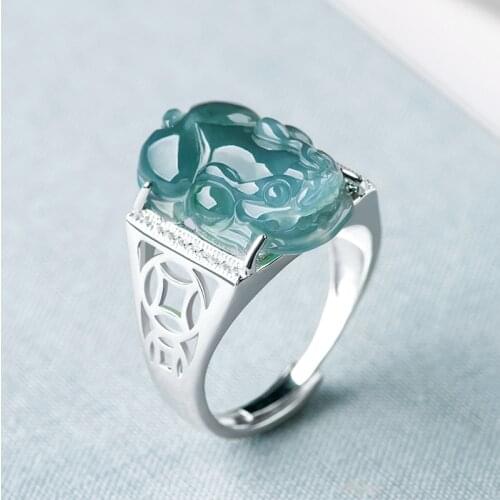 Luxury 925 Sterling Silver Rings Inlay Emerald Gemstone Pi Xiu Rings Good Lucky Jewelry Accessories Lovers Rings Wedding Band