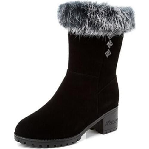 Best Sale 2021 New High Quality Frosted Cowhide Rabbit Fur Fashion Boots Soft Sole Non-slip Thick Heel Mid-tube Boot Women Boots