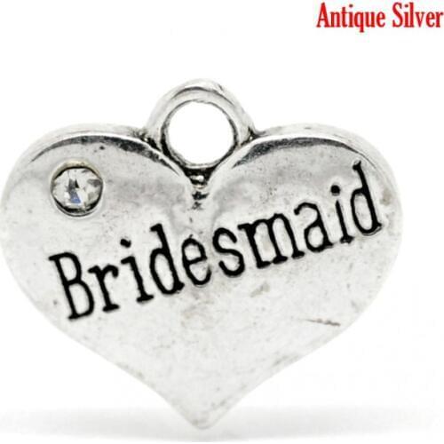 DoreenBeads Silver Color Rhinestone "Bridesmaid" Heart Charm Pendants 16x14mm(5/8"x1/2"),sold per pack of 20