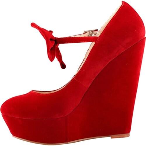 Spring Bowtie Ankle Strap Super Wedge High Heels Pumps Ladies Solid Suede Pointed Toe Platform Butterfly Knot Party Shoes