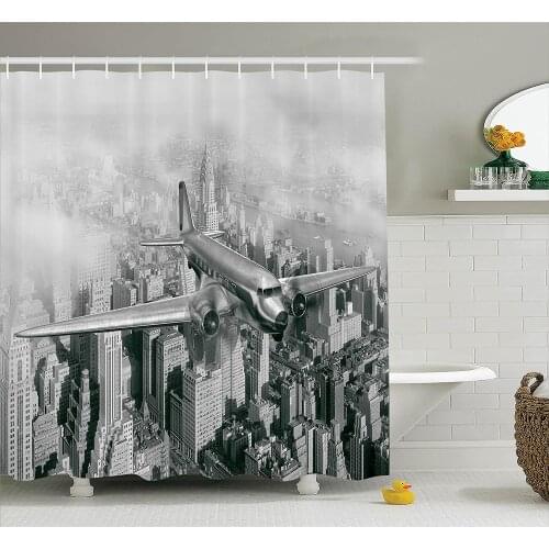 Vintage Shower Curtain Nostalgic Dated Plane Flying Over Skyscrapers in New York City Urban Life Events Waterproof Bath Curtains