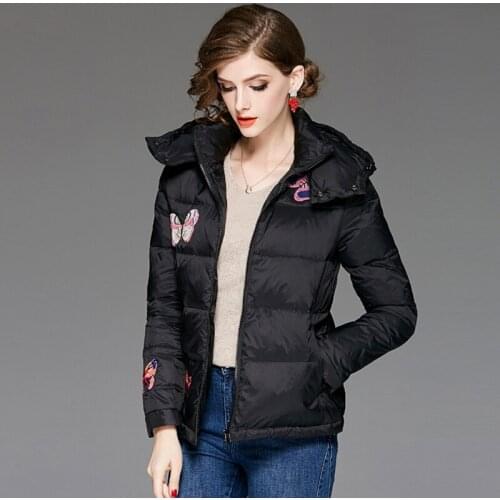 Women newest hooded short duck down jacket female fashion thickened Beaded coat lady warm winter embroidery black down clothes