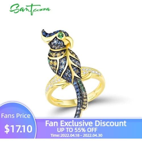 SANTUZZA Silver Rings For Women Pure 925 Sterling Silver Gold Color Lovely Bird Sparkling Blue Green Stones Trendy Fine Jewelry