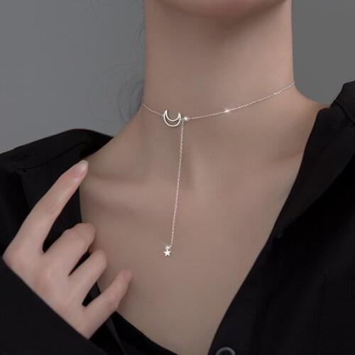 Solid 925 Sterling Silver Necklace for Women Teen Girls Moon Star Adjustable Dainty Choker Chains Korean Style Jewelry 2021