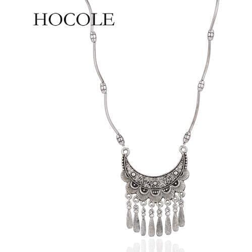 Bohemian Tibetan Silver Crescent Tassel Pendant Necklace Ethnic Long Chain Maxi Statement Jewelry For Women collier femme