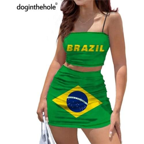 Doginthehole Women Sexy Short Dress Outfits Brazil Flag Print Sling Tube Tops and Mini Skirts Summer Fashion Streetwear 2021
