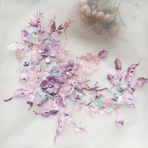 1pcs 3D Flowers Pearl Beaded Patch Lace Applique Wedding Dress DIY Decor Floral Patch Costume Handmade