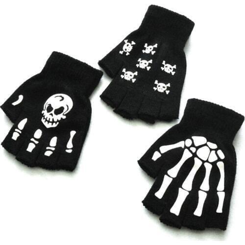 2 Pairs Halloween Gloves Horror Skull Claw Bone Skeleton Gloves Cosplay Costume Gothic Style Fingerless Mittens Kids Adult