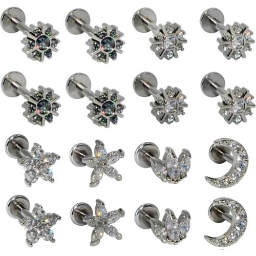 20pc/lot Surgical Steel CZ Gem Labret Lip Bar Ring Crystal Flower Ear Cartilage Tragus Helix Piercing Screw 16g Ear Stud Jewelry