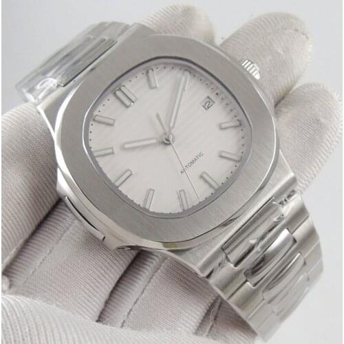 40MM White Sterile Dial Date Stainless Steel Strap Sapphire Glass Square Luminous MIYOTA 8215 Movement Automatic Mens Watch