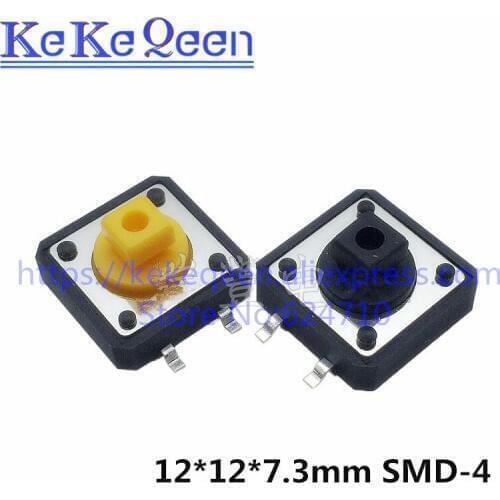 500PCS 12*12*7.3mm SMD 4pin Tactile Push Button Momentary PCB Switch 12x12x7.3mm Vertical Micro Switch yellow black square head