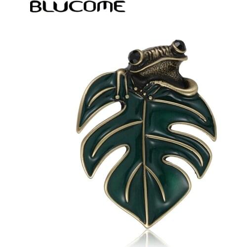 Blucome New Vintage Green Leaf Frog Brooches Women Men Enamel Esmalte Small Animal Brooch Pin High Quality Toad Harajuku Jewelry