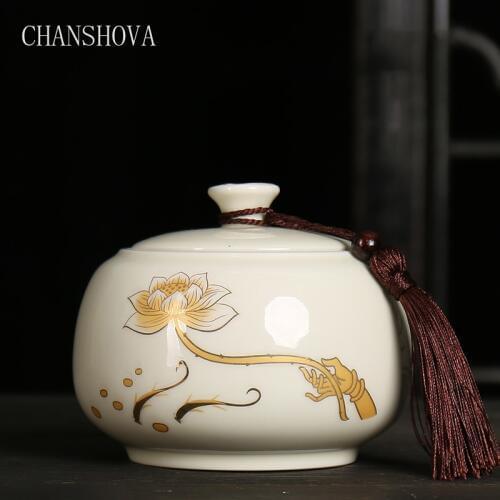 CHANSHOVA Lotus flower Ceramic tea caddy Sealed against moisture 800ml tea storage container Chinese retro porcelain tea box