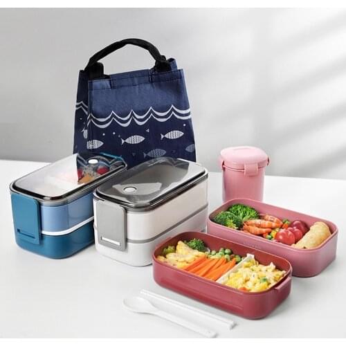 Double Layer Lunch Box With Chopsticks and Spoon 0.7L/1.4L Large Capacity Transparent Sealed Leak proof Bento Box Microwave Oven
